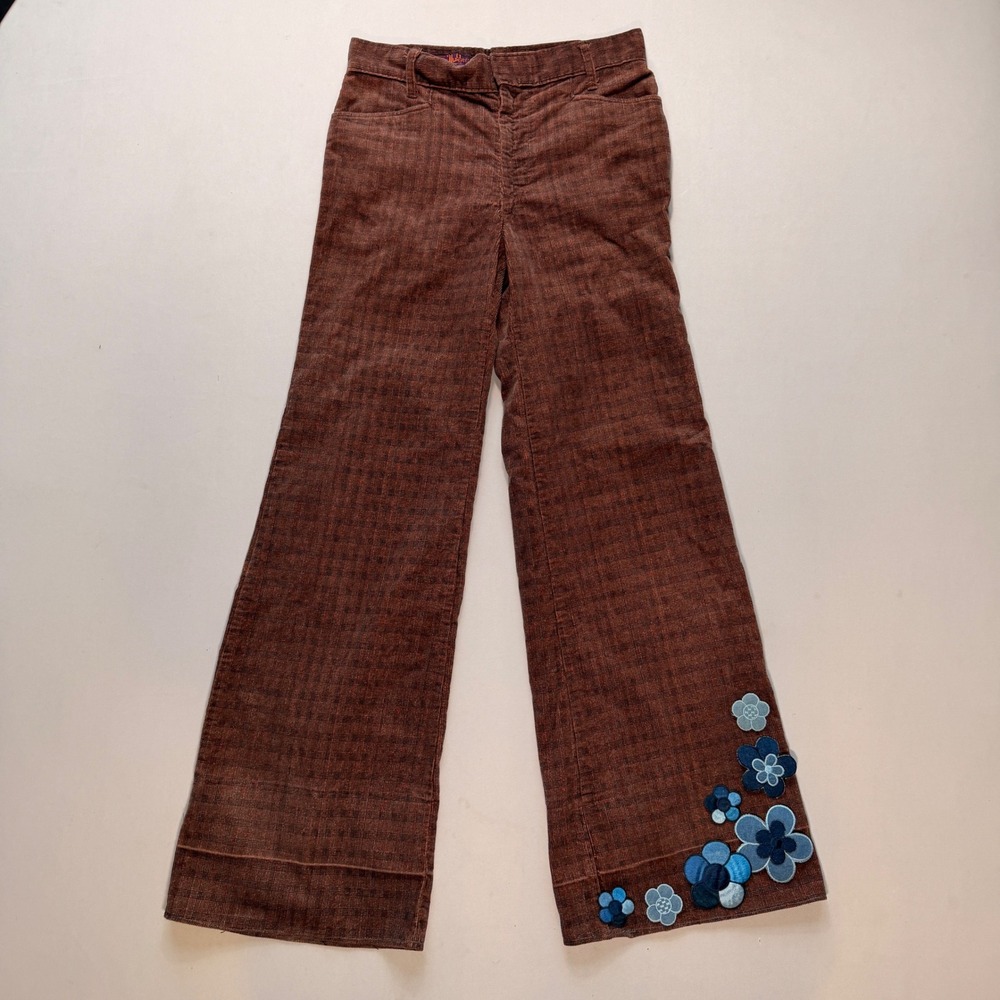 70s Landlubber Bell Bottom Pants Brown Corduroy Flared Fleck Plaid USA +Patches